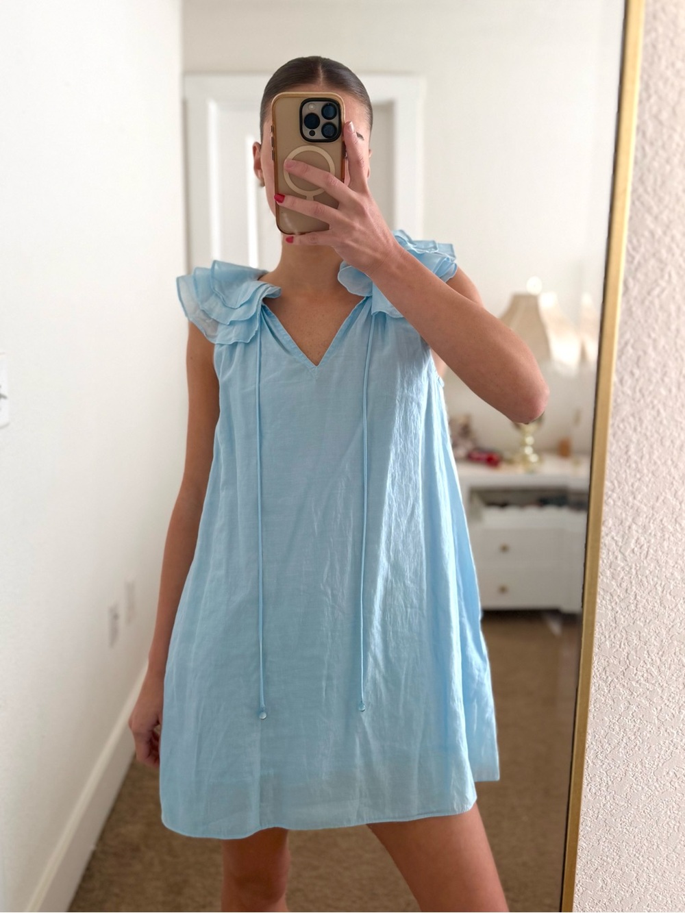 Light Blue Ruffle-Shoulder Mini Dress